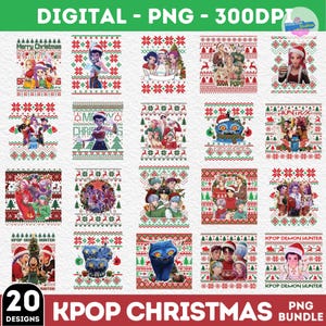 May include: A digital PNG bundle featuring 20 K-pop Christmas designs. Each design showcases festive elements like Santa hats and snowflake patterns, with the text "Merry Christmas" and "KPOP DEMON HUNTER". The designs are in red, green, and white.