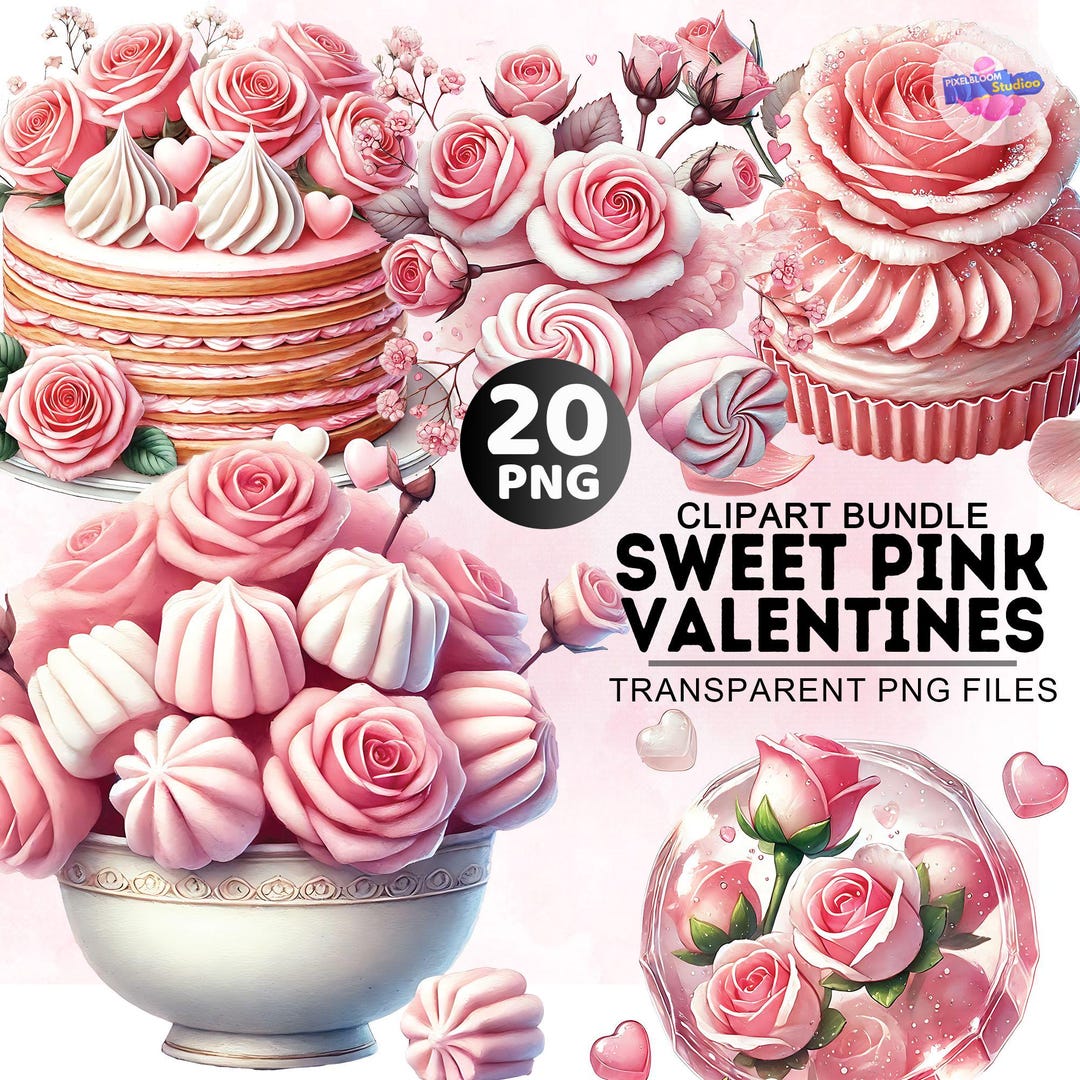 Sweet Cakes Clipart Bundle, 20 PNG Pink Valentines, Watercolor Sweet ...