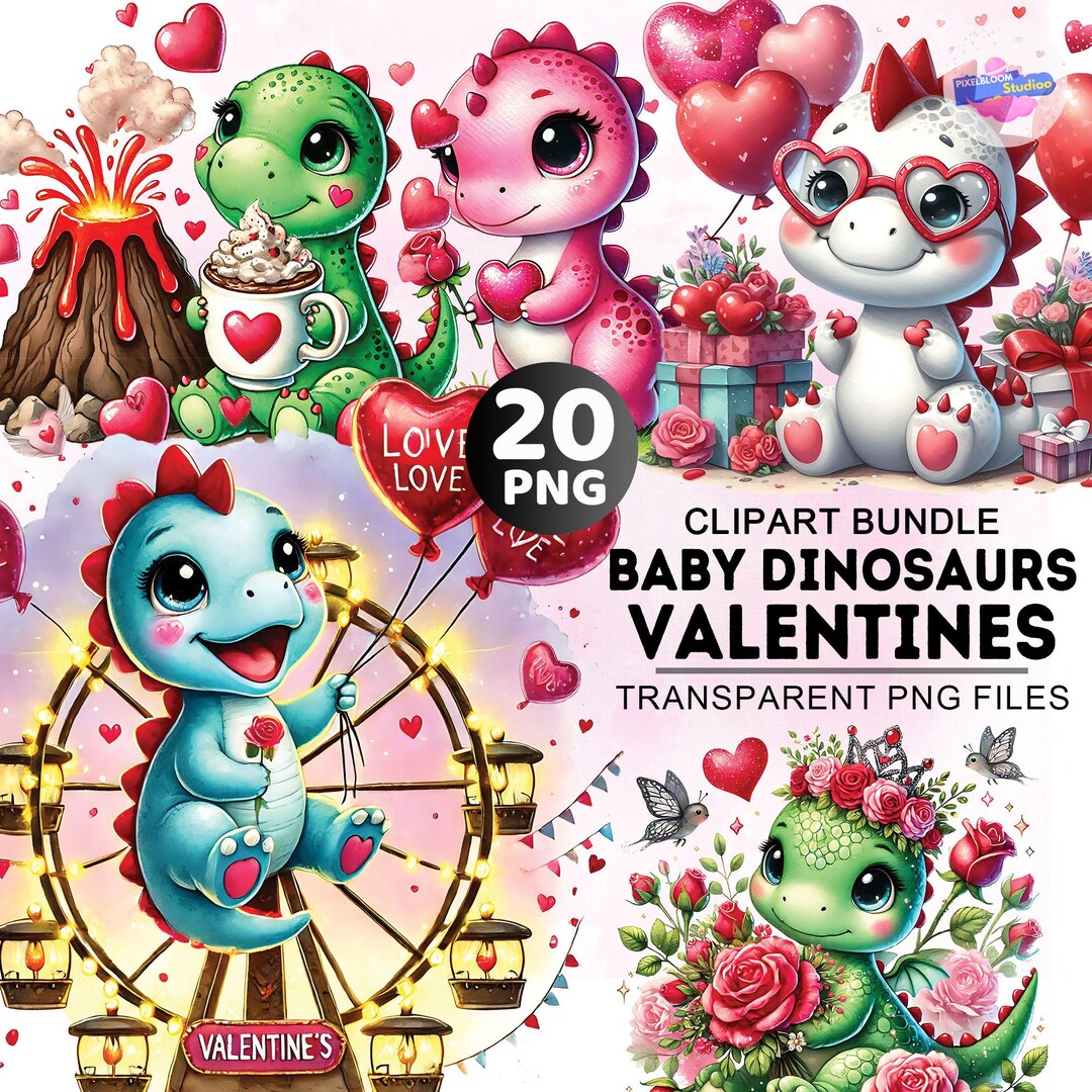 Valentine Dino Clipart Bundle, 20 PNG Cute Dinosaurs, Watercolor ...