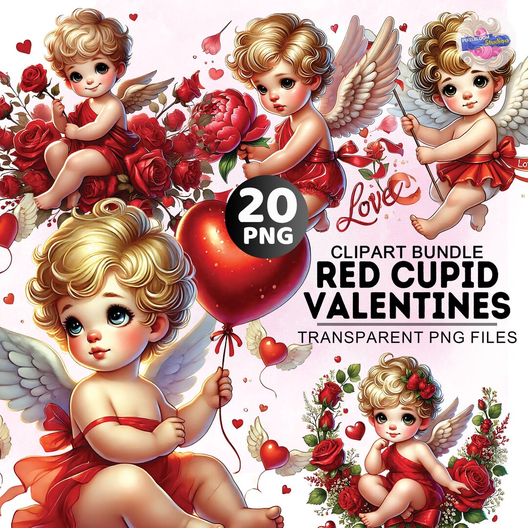 Valentine Cupid Clipart Bundle, 20 PNG Red Cupid, Watercolor Cupid ...