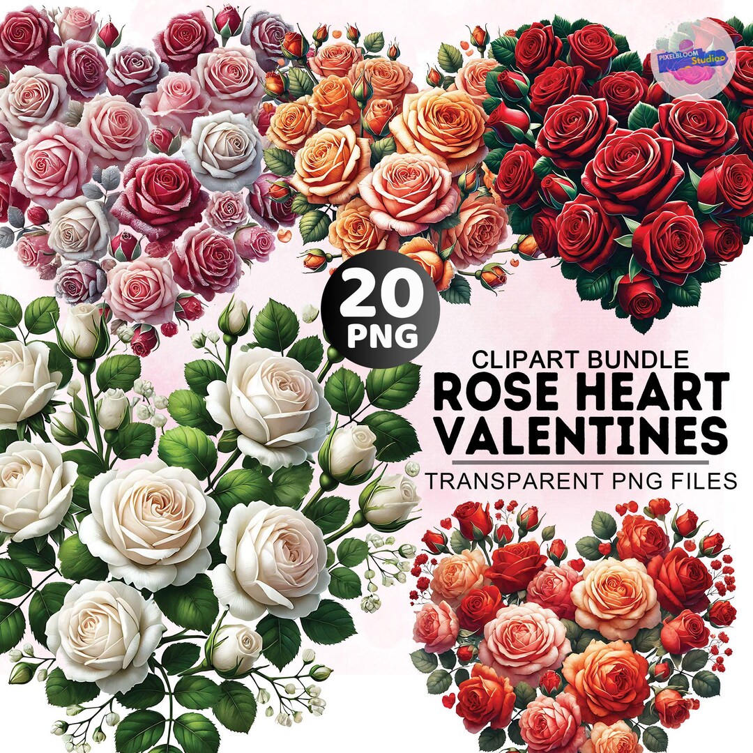 Valentines Heart Clipart Bundle, 20 PNG Floral Bouquets, Watercolor ...