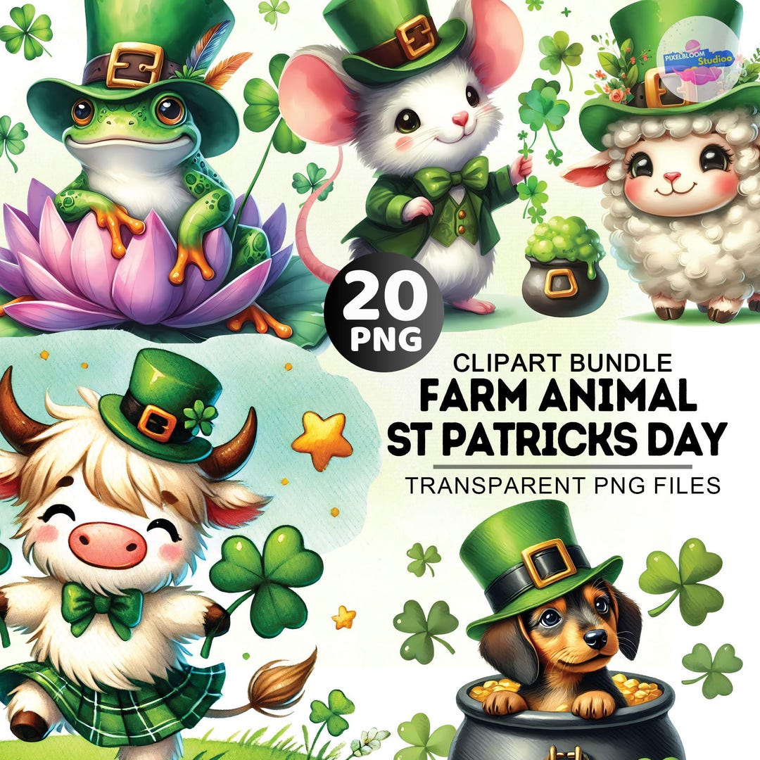 Watercolor Patrick Animal Clipart Bundle, 20 PNG Cute Animal, Shamrock ...