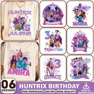May include: Six digital designs with the text "HUNTRIX BIRTHDAY" and names like Juliana and Maria. Each design features animated characters, stars, and musical notes. The text "PNG DOWNLOAD 300 DPI HIGH QUALITY DIGITAL DOWNLOAD" is also included.