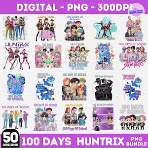Puede incluir: Un paquete digital PNG con 50 diseños, cada uno con el texto "100 Days of School" y "Huntrix." Los diseños muestran ilustraciones de grupos de personas, personajes de dibujos animados y gráficos estilizados. También está presente el texto "Digital - PNG - 300DPI".