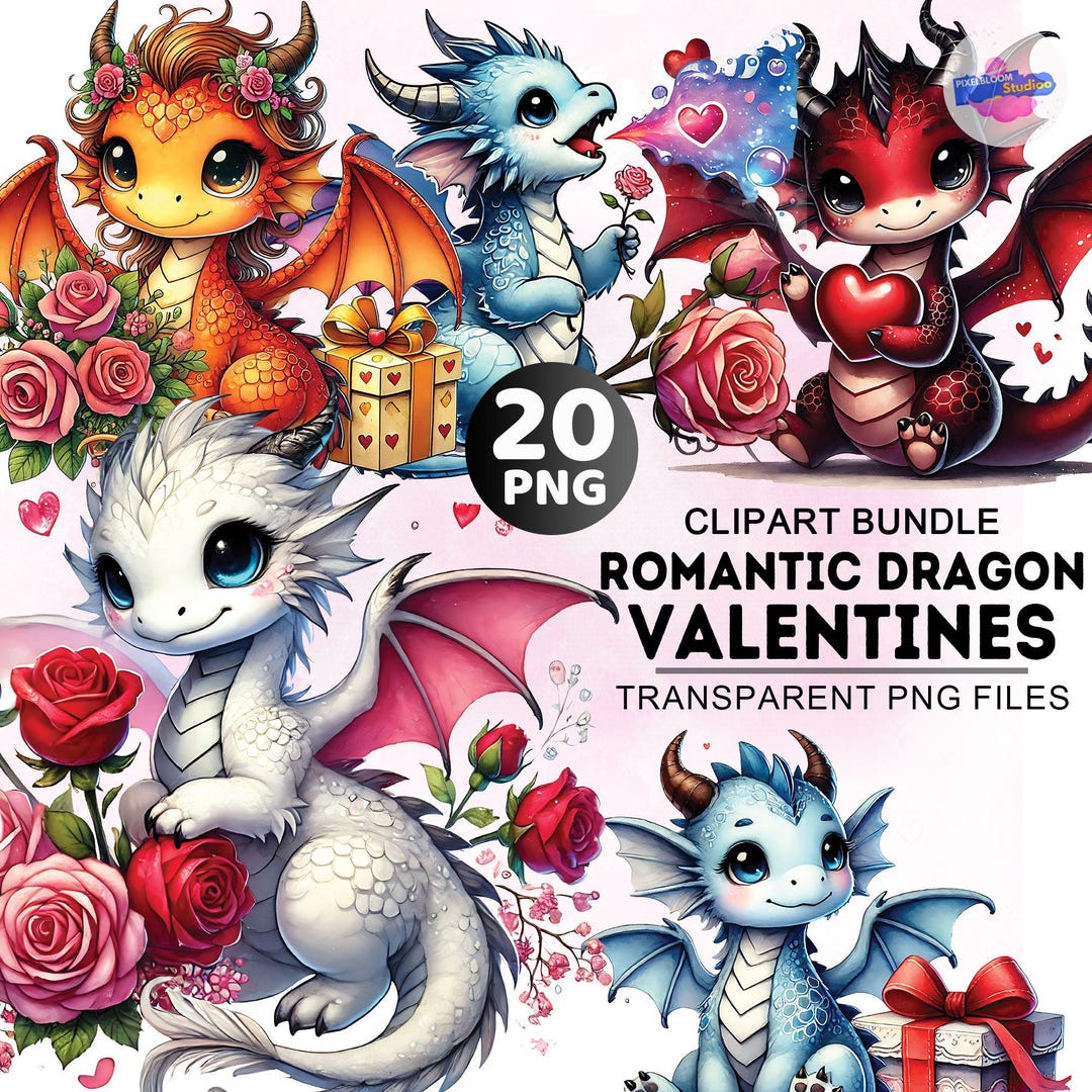 Baby Dragon Clipart Bundle, 20 PNG Cute Dragon, Watercolor Dragon ...