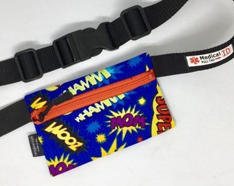 Kids Insulin Pump, Medtronic, iLet, Dexcom Waist Pack with Medical ID pull tag- BAM! Pow!