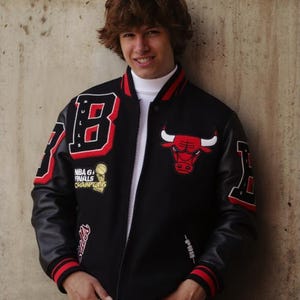Vintage Chicago Varsity Jacket Retro Letterman Style, Black & Red with Embroidered Detailing, Basketball Fan Gear Gift for Him, Gift for Him