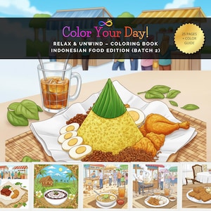 Peut inclure: Illustration colorée d'une couverture de livre de coloriage sur le thème de la cuisine indonésienne. La couverture présente une représentation vibrante du Nasi Tumpeng, un plat indonésien traditionnel, ainsi qu'un verre de thé glacé. Le texte indique "Color Your Day!".