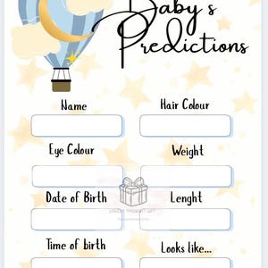 Schede di previsione per baby shower con mongolfiera e luna – Gioco stampabile – Genere neutro – Acquerello pastello – Download immediato