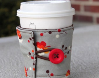 Reusable Coffee Sleeve / Coffee Cozy - Grey Posie - Flea Market Fancy by Denyse Schmidt - Grey and Red Flowers - Drink Wrap Coffee Wrap