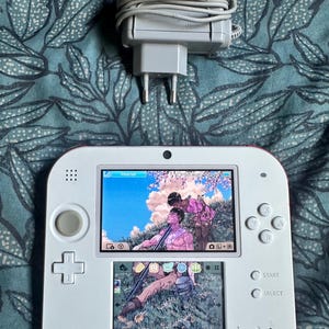 Könnte beinhalten: Eine weiße Nintendo 2DS Handheld-Spielkonsole mit einem Dual-Display, das eine Illustration im Anime-Stil zeigt, ausgestattet mit einem Steuerkreuz, Aktionstasten und einer Betriebsanzeige, zusammen mit einem grauen Netzteil.