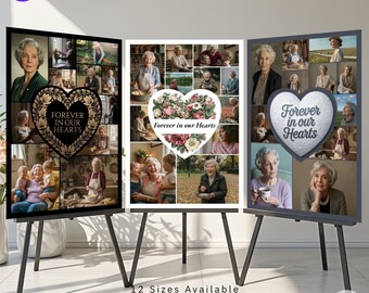 Floral Heart Photo Collage Memorial Board: Funeral Tribute Poster (Digital Download, Canva Edit)