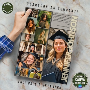 May include: A full-page yearbook ad template, 21.59 x 27.94 cm, with a photo collage and the name "Jennifer Johnson." The ad includes text: "You've met every challenge... Congratulations on this milestone. All our love, always."