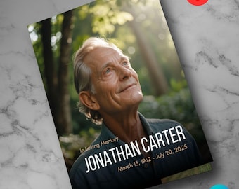 May include: Funeral program template featuring a portrait of a man looking upwards. The text reads "In Loving Memory JONATHAN CARTER March 15, 1962 - July 20, 2025." The design includes the text "funeral program template" and "8 pages."