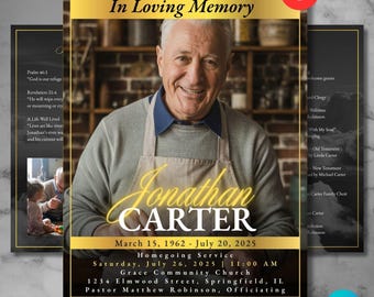 May include: Funeral program template with a photo of a smiling older man. The design includes the text "In Loving Memory" and the name "Jonathan Carter" with dates and service details. The design is black and gold.