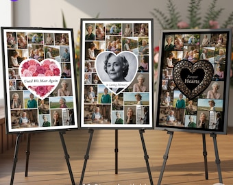 Floral Heart Memorial Photo Collage Template: Funeral Celebration of Life (Digital Download)