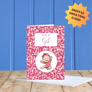 3 tarjetas de felicitación imprimibles It's a Girl A6 con un original diseño de lunares rosas y blancos, tarjeta para felicitar el nacimiento de una niña, punteando