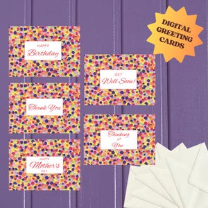 5 cartes de vœux imprimables A6 au design unique de pois arc-en-ciel : anniversaire, fête des mères, remerciement, bon rétablissement, je pense à toi