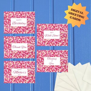 5 cartes de vœux imprimables A6 avec un design unique de pois roses et blancs Anniversaire, Fête des Mères, Merci, Bon rétablissement, Je pense à toi