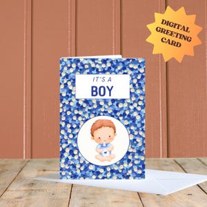 3 tarjetas de felicitación imprimibles It's a Boy A6 con un diseño original de puntos azules, tarjeta para felicitar el nacimiento de un niño, punteado