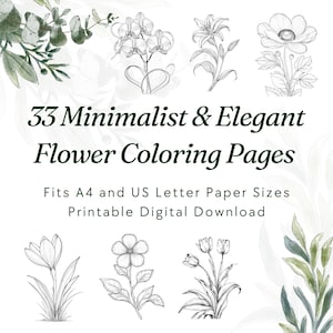 33 páginas para colorear de flores minimalistas / Arte digital imprimible / Colorear con atención plena para todas las edades