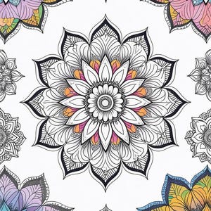 May include: A detailed illustration of several mandala designs. The central mandala is black and white with orange and pink accents. Surrounding mandalas feature pastel colors like purple, blue, and yellow. The background is white.