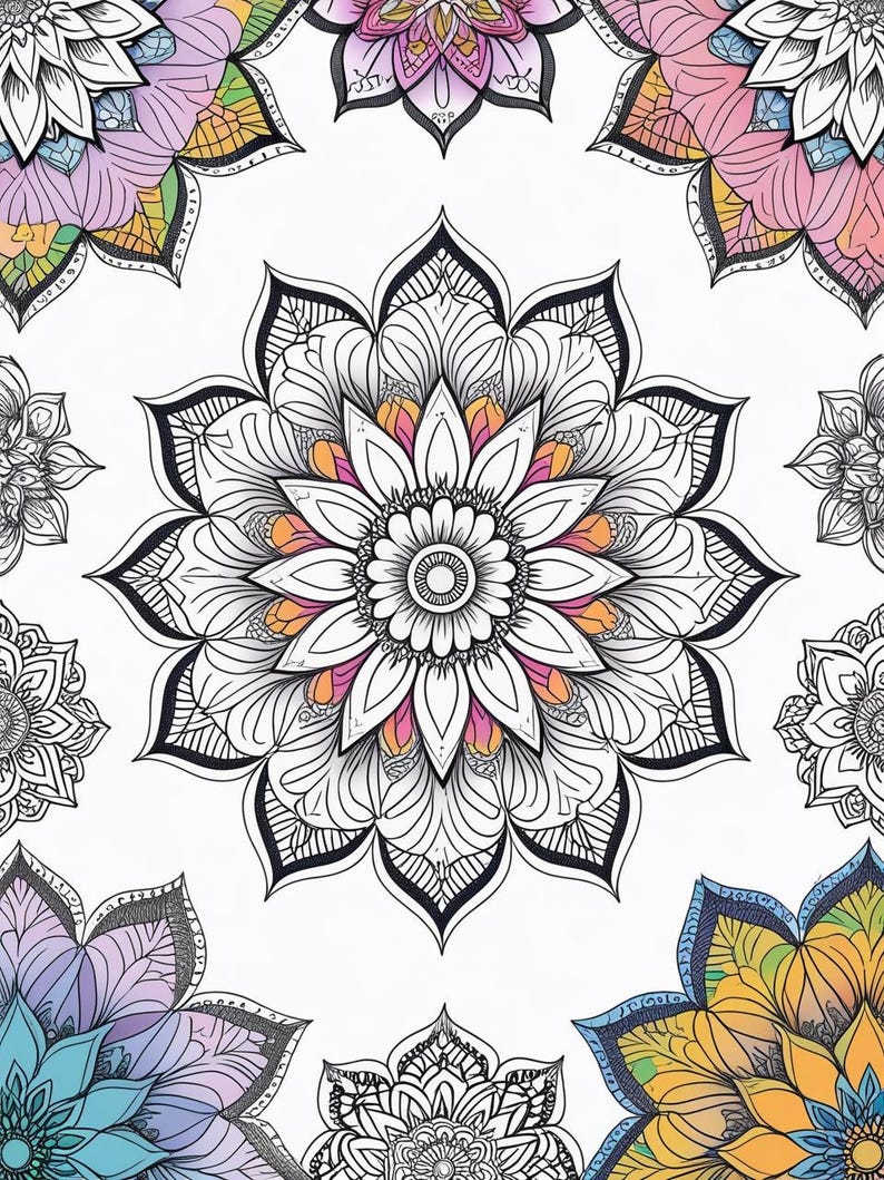 May include: A detailed illustration of several mandala designs. The central mandala is black and white with orange and pink accents. Surrounding mandalas feature pastel colors like purple, blue, and yellow. The background is white.