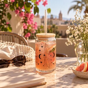 Crystal Moon and Stars Glass Cup with Bamboo Lid and Straw | Celestial Witchy Iced Coffee Glass 16oz | Spiritual Gift