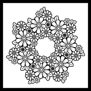 May include: Black and white floral design arranged in a circular pattern. The design features various sizes of flowers and leaves, creating a symmetrical and detailed illustration. The flowers have multiple petals and a central core.