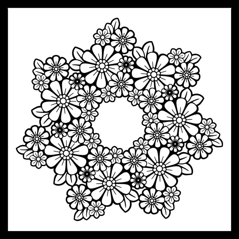 May include: Black and white floral design arranged in a circular pattern. The design features various sizes of flowers and leaves, creating a symmetrical and detailed illustration. The flowers have multiple petals and a central core.
