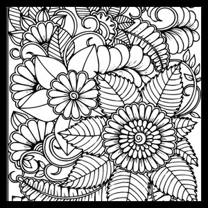 May include: Black and white floral line art design featuring detailed flowers, leaves, and swirling patterns. The image is a close-up of a coloring page, perfect for relaxation and creative expression.