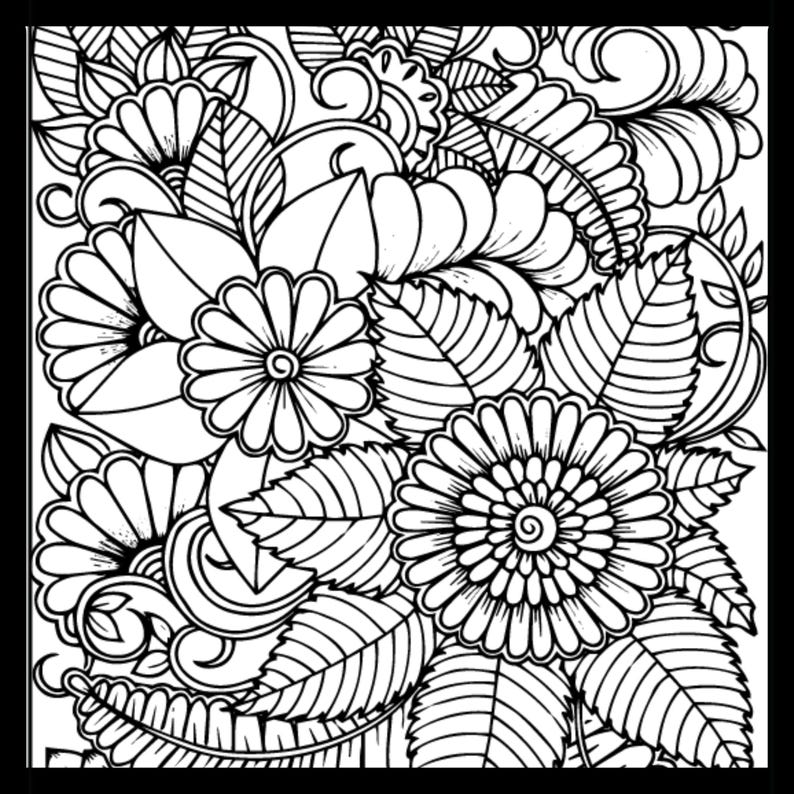 May include: Black and white floral line art design featuring detailed flowers, leaves, and swirling patterns. The image is a close-up of a coloring page, perfect for relaxation and creative expression.