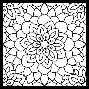 May include: Black and white floral mandala design. The symmetrical pattern features layered petals radiating from a central point, creating a detailed and intricate design. The artwork is set against a black square background.