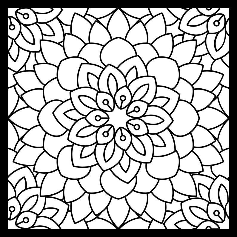 May include: Black and white floral mandala design. The symmetrical pattern features layered petals radiating from a central point, creating a detailed and intricate design. The artwork is set against a black square background.
