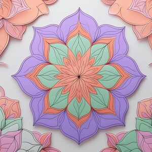 May include: A symmetrical floral design in shades of purple, orange, and green, with a central flower surrounded by other similar blooms. The paper-cut style creates a layered effect, with soft shadows.
