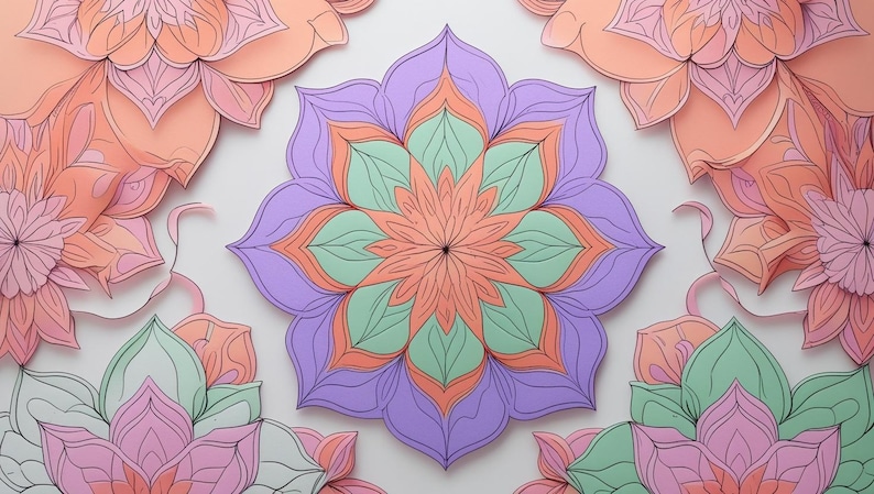 May include: A symmetrical floral design in shades of purple, orange, and green, with a central flower surrounded by other similar blooms. The paper-cut style creates a layered effect, with soft shadows.