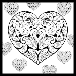 May include: Black and white illustration featuring a large heart with intricate, swirling patterns. Smaller hearts with similar designs are scattered around the central heart, all set against a white background. The image has a detailed, artistic style.