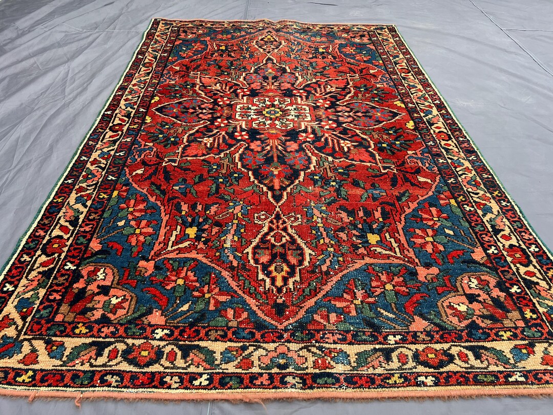 Red Turkish Style Rug Antique Turkish Heriz Style Rug, 4x7 Hand Knotted Wool Vintage ...