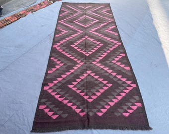 Vintage Afghan Kilim Runner Rug: 4.5 x 10 ft, Terracotta & Pink Wool