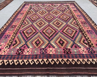 7'7 x 10'7 ft vintage Afghan handwoven Maimana kilim rug, tribal geometric brown pink gray tones, oversized area rug decor, Living Room rug