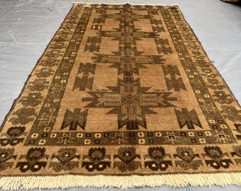 Vintage Afghan Wool Rug, Tribal Geometric Design, Hand-Knotted 3'9" x 6'5"