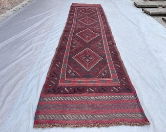 Burgundy Balochi Runner Rug, Hand-Knotted Wool, Vintage Tribal Design