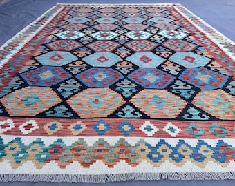 Afghan Hand-Woven Kilim Rug, Geometric Diamond Wool Rug (6'11x9'7 ft)