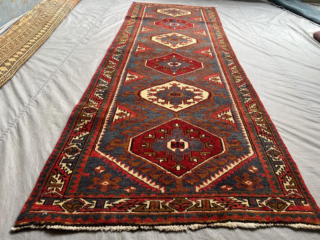 Antique Caucasian Runner Rug, 3x9 Hand-knotted Wool, Rich Red Blue ...