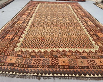 Oversized Afghan Maimana Kilim Rug, Handwoven Wool, Tribal Geometric (8'0 x 13'6 ft)