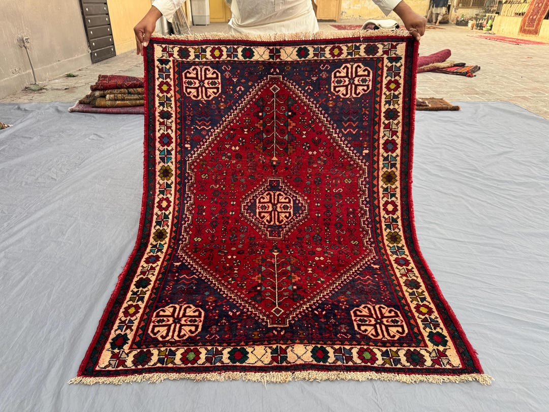 Vintage Handwoven Wool Rug, 4x5.2 Ft, Turkish Caucasian Medallion ...