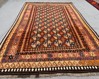 200x300 Vintage Afghan Kelim Teppich, Terrakotta Braun Wolle Flachgewebe, Geometrische Muster Teppich, Wohnzimmer Teppich, Schlafzimmer Teppich