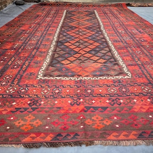 Afghan Kilim Rug 8x13 | Large Red Terracotta Flat Weave | Tribal Handmade Wool Carpet | Turkish Style Boho Living Room Decor, Oversized rug