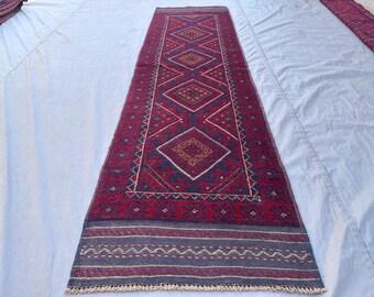 Hand-Knotted Wool Balochi Runner Rug, Vintage Tribal Geometric Design, Burgundy Entryway Hallway Rug
