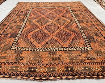8x8 Afghan Kilim, Terracotta Faded Wool Rug, Handmade Tribal Flat Weave Carpet, Turkish Navajo Style Vintage Living Room Rug Décor
